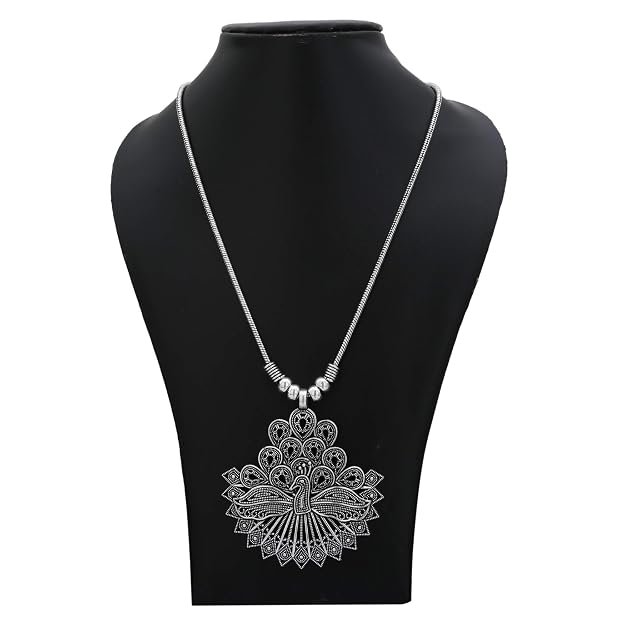 Kalyani's Oxidized German Silver Peacock Pendant Chain Necklace for Women and Girls