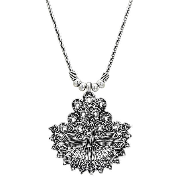 Kalyani's Oxidized German Silver Peacock Pendant Chain Necklace for Women and Girls - Image 2